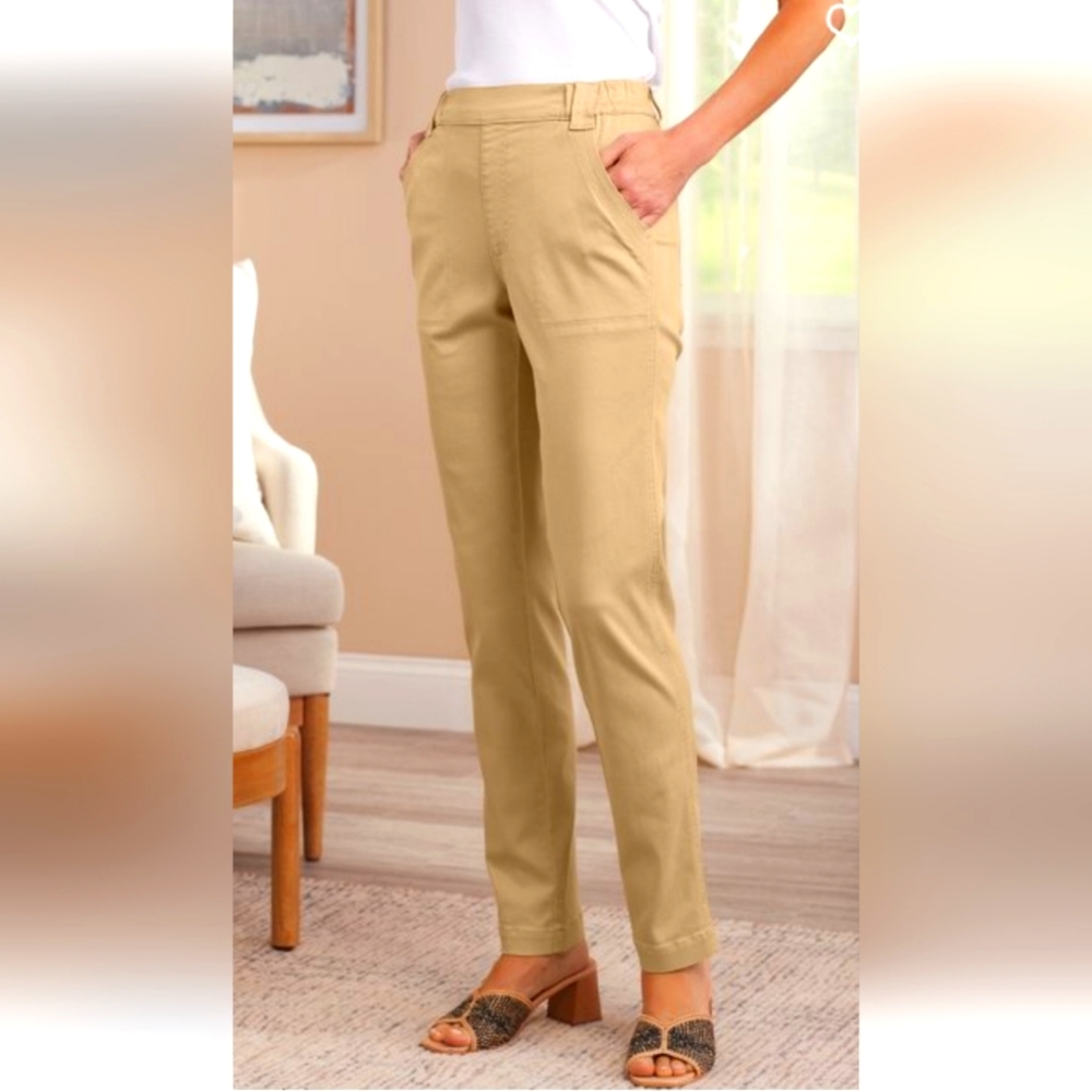 Soft Surroundings Harley Tan straight leg elastic waist pants. Sz L14/16. NWT